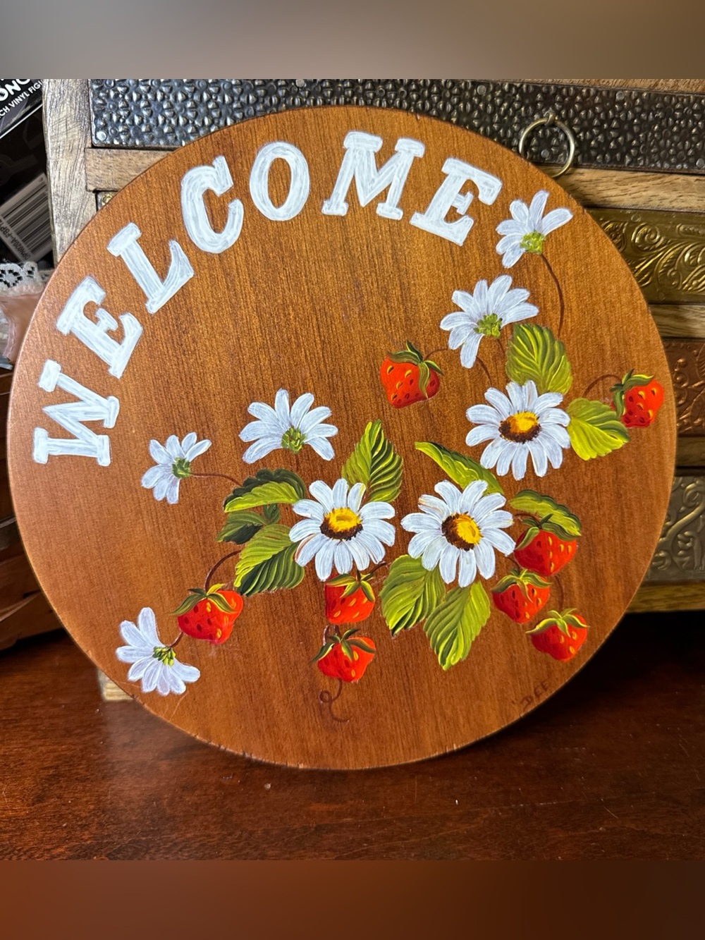 Wooden 'Welcome' Sign with Painted Daisies & Strawberries